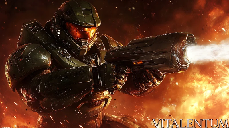 Armored sci fi soldier fires massive plasma cannon amid explosive inferno