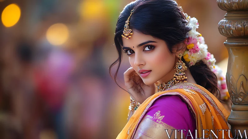 Ornate South Asian bridal portrait with shallow bokeh optics.