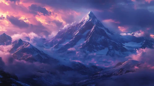 Digital painting of luminous alpine peak in dusk cloudscape.