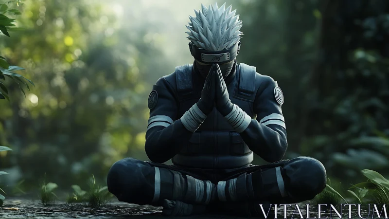 Masked ninja meditates in lush green forest clearing.