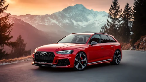 Red Audi sport wagon parked on mountain road at sunset