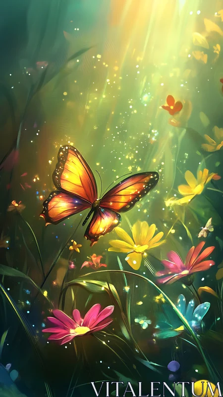 Luminous orange butterfly hovers over glowing wildflower meadow.