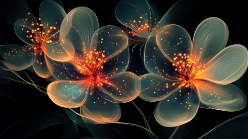 Translucent glowing flowers display detailed digital filaments