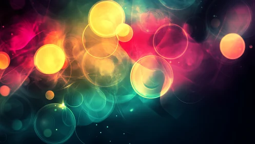 Multicolored circular light forms on dark abstract background.
