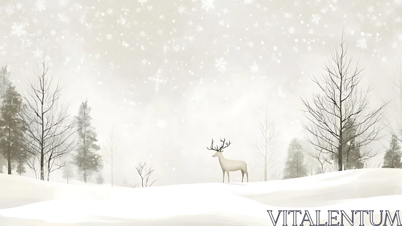 Lone reindeer standing in quiet snowy winter forest scene.