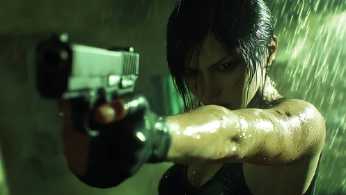 Wet armed woman aims handgun under heavy rain at viewer