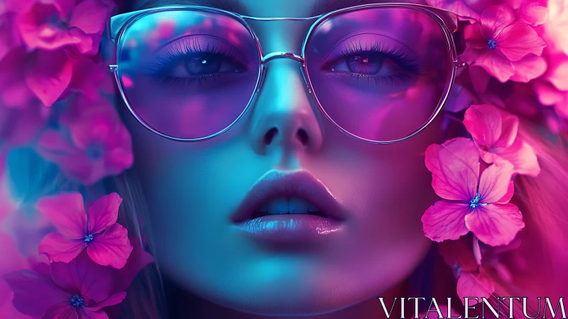 Portrait shows woman in neon glasses surrounded by flowers