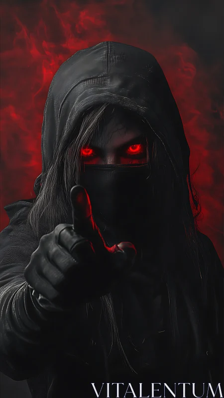 Hooded assassin commands in red smoke and shadow focus.