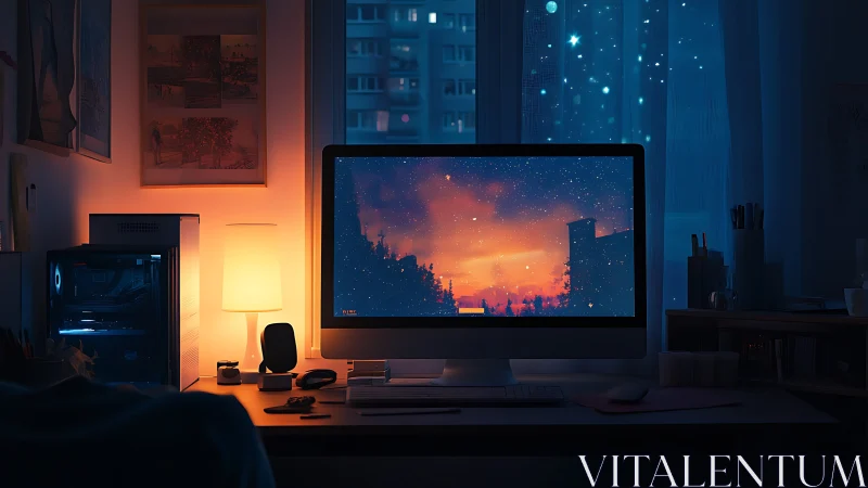 Twilight coder’s desk glowing between city lights and stars.