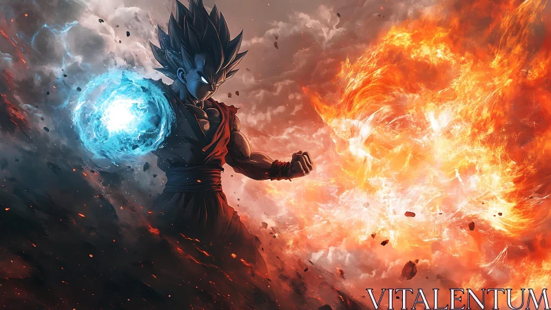 Fiery warrior conjuring blue energy against raging inferno.