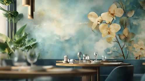 Floral mural enriches serene modern restaurant interior design.