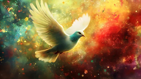Iridescent dove sails through a cosmic confetti sunrise.