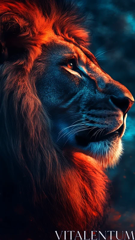 Regal lion profile glows under vivid blue orange lighting