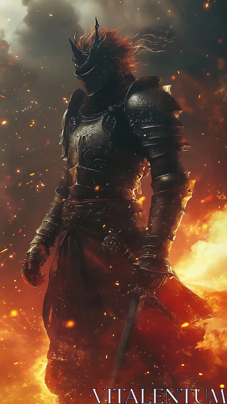 Armored fire warrior standing in flames and smoke.