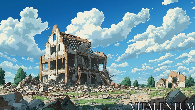 Digital ruinscape under expansive summer cumulus sky.