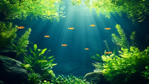 Small orange fish swim through dense underwater plants