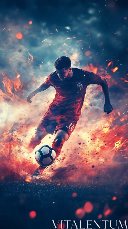 Soccer striker racing through swirling sparks and smoky fire.