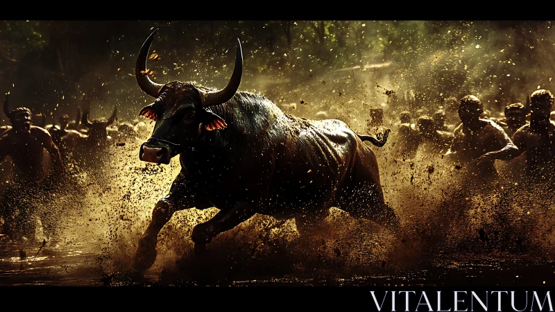 Charging bull in muddy arena with running crowd behind