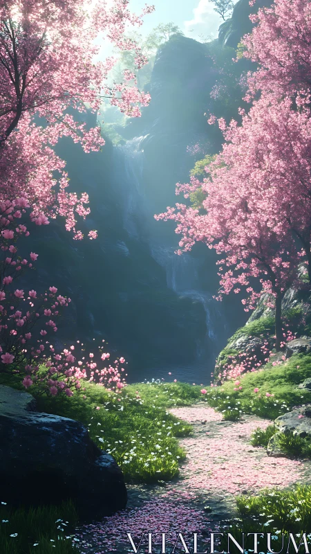 Cherry blossom valley path with distant waterfall view.