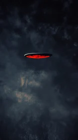 Crimson saucer hums above storm-choked nocturne sky.