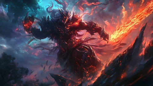 Infernal fire titan dominates storm-swept volcanic sky.