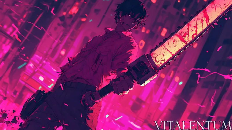 Neon urban warrior with bloodied chainsaw, anime composition.
