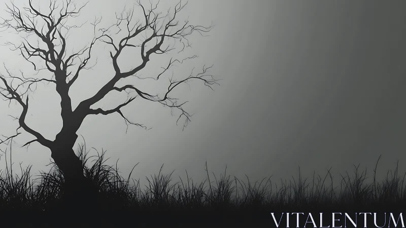 Silhouetted barren tree in minimalist grayscale landscape study.