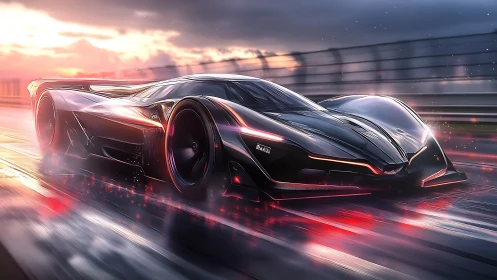 Futuristic black hypercar racing on wet track at sunset