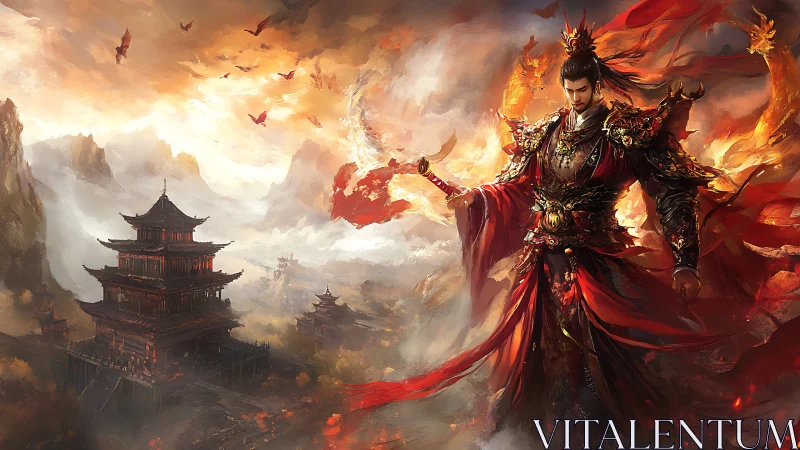 Fiery warrior king guarding a soaring mountain palace.