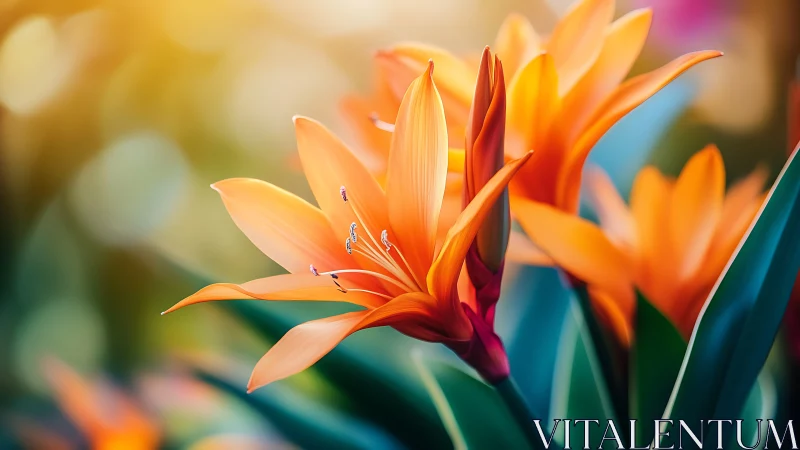 Vibrant orange birds of paradise flowers with sharp focus detail