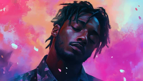 Portrait of contemplative man amid vibrant chromatic clouds