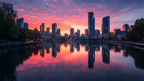 Panoramic riverfront skyline at vivid civil-twilight sunrise