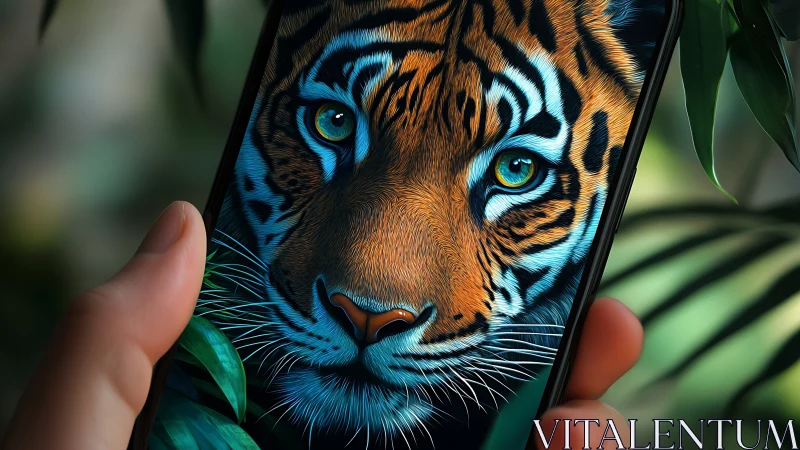 Tiger face artwork displayed on smartphone screen in hand.