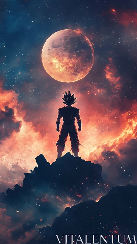 Saiyan warrior silhouette under blazing cosmic moon