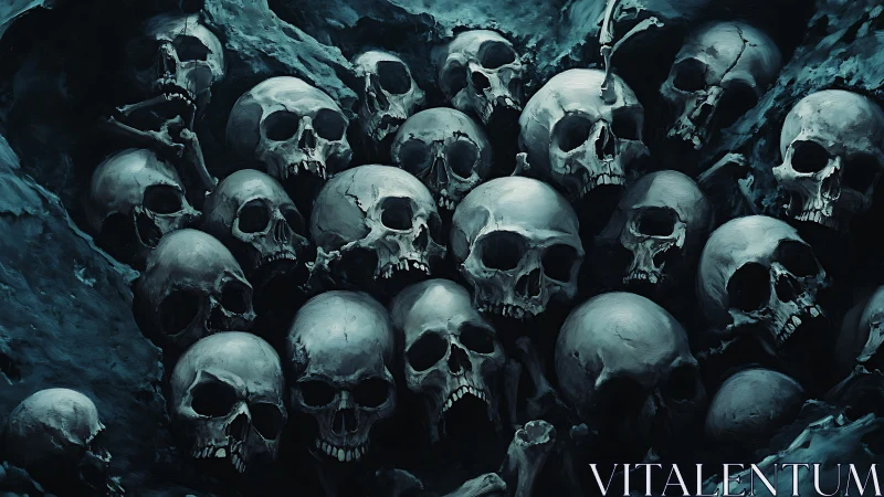 Skull-filled cavern rendered in moody teal chiaroscuro digital art.