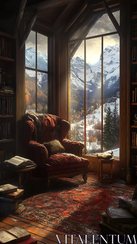 Winter reading nook with mountain view and red armchair.