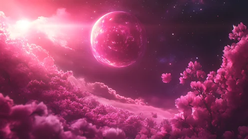 Dreamy pink alien sky with glowing planet and soft blossoms.