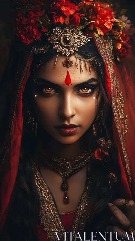 Ember-eyed goddess pierces the dark with red and gold fire