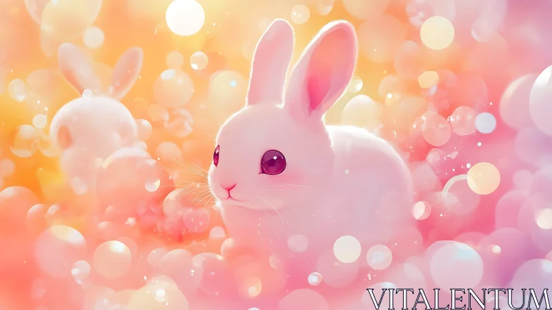 Cotton-candy bunny drifts through dreamy pastel bubblescape.