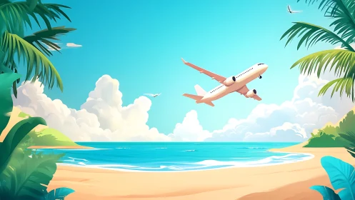 Passenger Jet Departing Tropical Beach Paradise