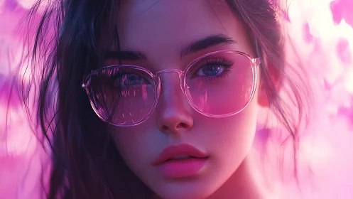 Neon-lit portrait of young woman in reflective pink glasses