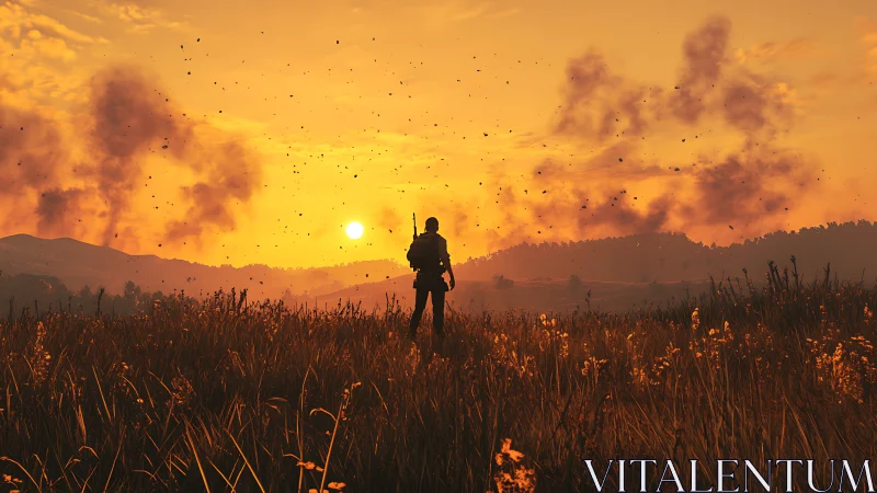 Lone wanderer watching embers dance across a wild sunset.