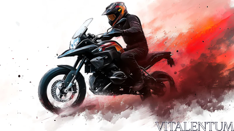 Motorcycle rider slashes through a storm of red speed smoke.