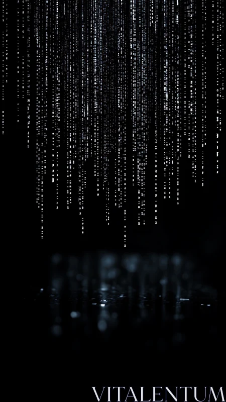 Vertical digital code rain over dark reflective floor.