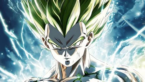 Intense green-haired anime warrior amid electric energy.