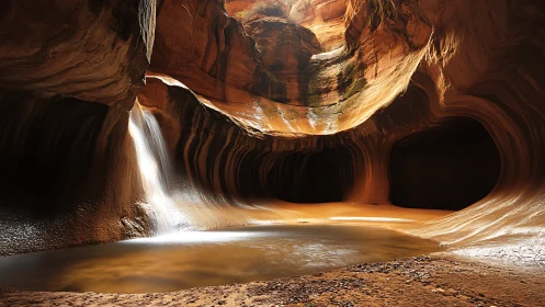 Sunlit sandstone cavern with pool and falling water.