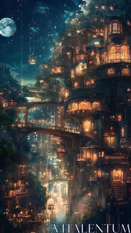 Luminous vertical harbor city under starlit midnight sky.