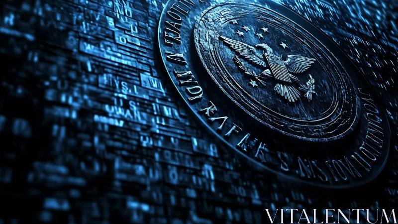 Embossed cyber-emblem integrates surveillance seal with data grid