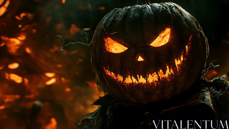 Sinister jack o’lantern king grinning in ember-soaked night.