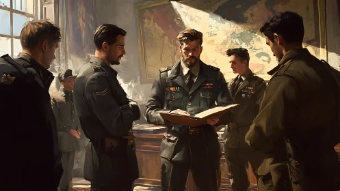 War room sunlight and solemn officers over open orders.
